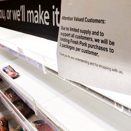 Signs at grocery stores, like this one at a meat department, alerted customers to a purchase limit after a rush early in the COVID-19 pandemic caused supply shortages. Other in-demand items included soup and other canned goods, pasta, and flour.
